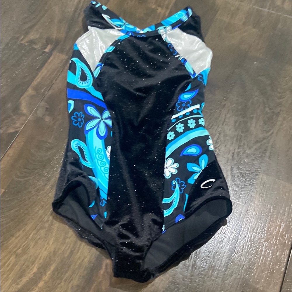 Capezio medium velvet leotard black blue and silver EUC